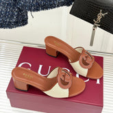 MID-HEEL MULE IN BROWN CALFSKIN AND CREAM WHITE FABRIC